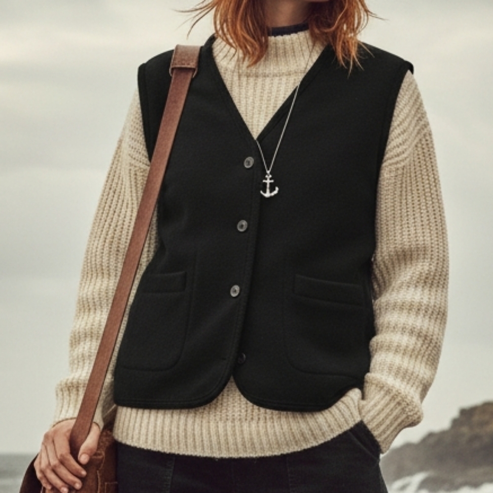 Vintagr Reversible Wool Button Front Vest Black And Green Unisex Size M